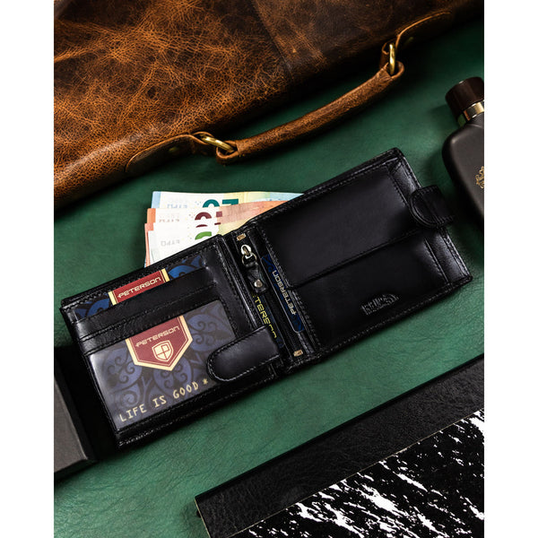 Peterson dovanų rinkinys: juoda vyriška odinė piniginė ir natūralios odos diržas DS73