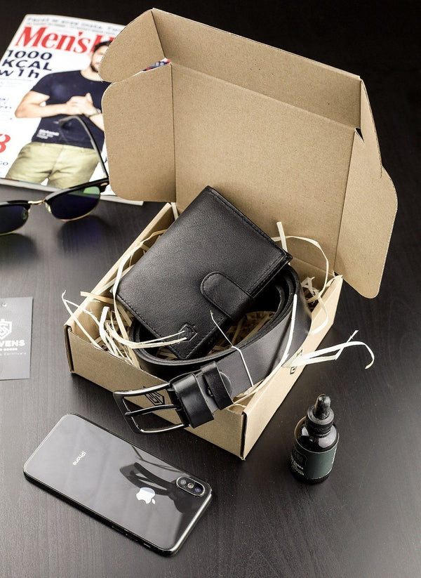 Dovanų rinkinys vyrams piniginė ir diržas Stevens, juodas D152