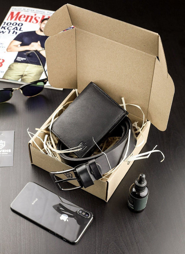 Dovanų rinkinys vyrams piniginė ir diržas Stevens, juodas D153