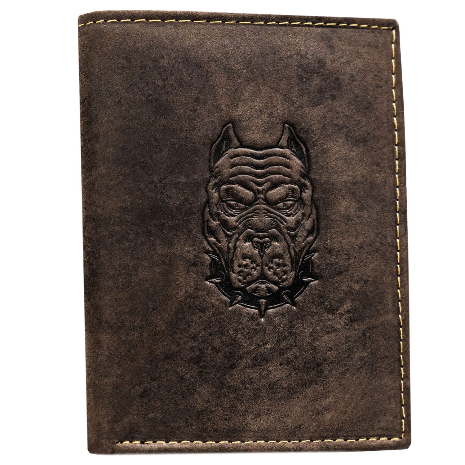 Vyriška odinė piniginė, ruda, su šuns galvos įspaudu. S146