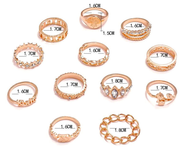 Žiedų rinkinys 12 vnt, aukso spalvos