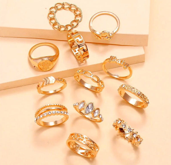 Žiedų rinkinys 12 vnt, aukso spalvos