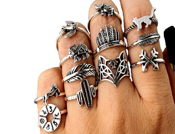 Žiedų rinkinys 12 vnt, sidabro spalvos