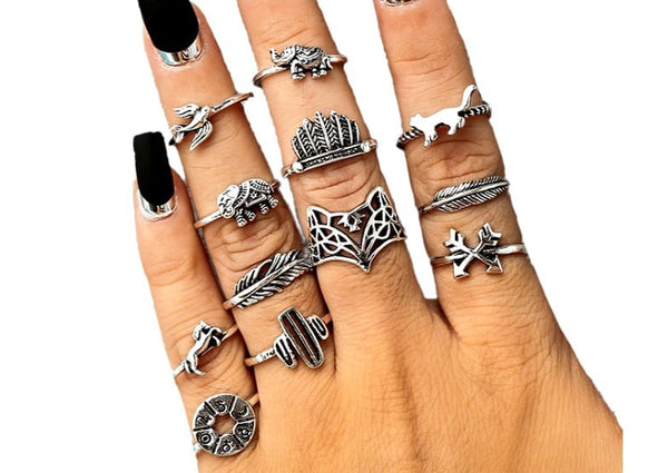 Žiedų rinkinys 12 vnt, sidabro spalvos