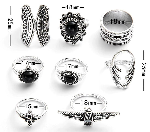 Žiedų rinkinys 8 vnt, sidabrinės spalvos