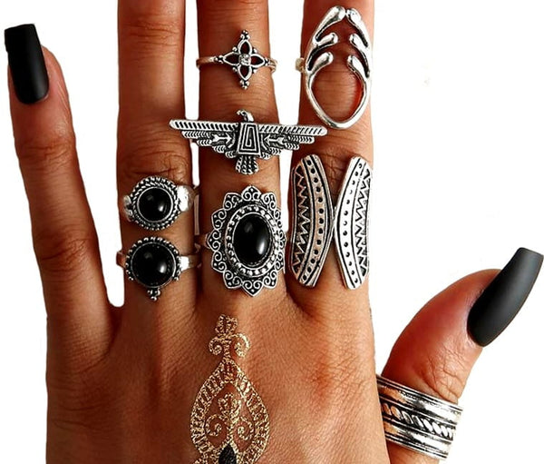 Žiedų rinkinys 8 vnt, sidabrinės spalvos