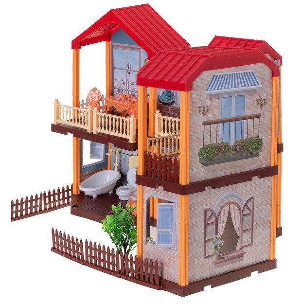 Dollhouse villa raudonas stogo apšvietimas + baldai ir lėlės