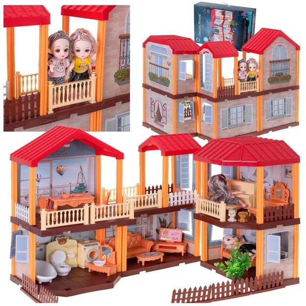 Dollhouse villa raudonas stogo apšvietimas + baldai ir lėlės