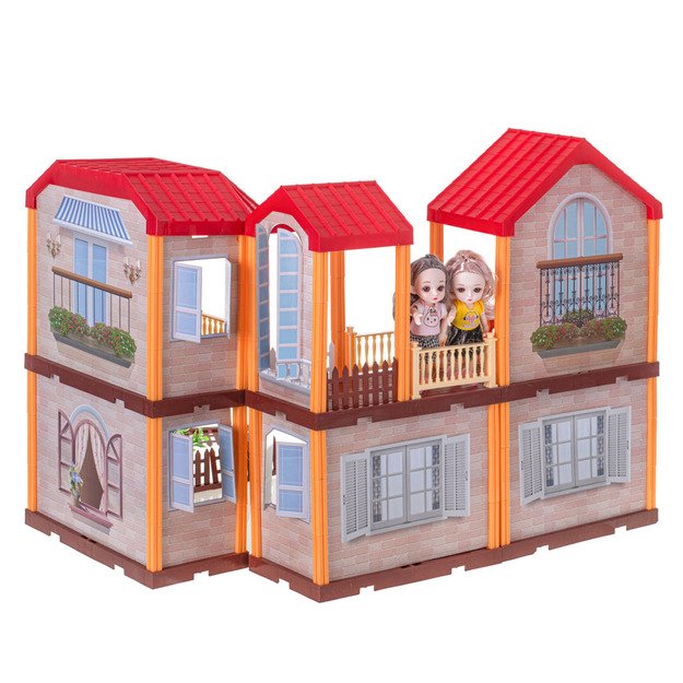 Dollhouse villa raudonas stogo apšvietimas + baldai ir lėlės