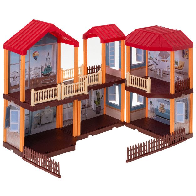 Dollhouse villa raudonas stogo apšvietimas + baldai ir lėlės